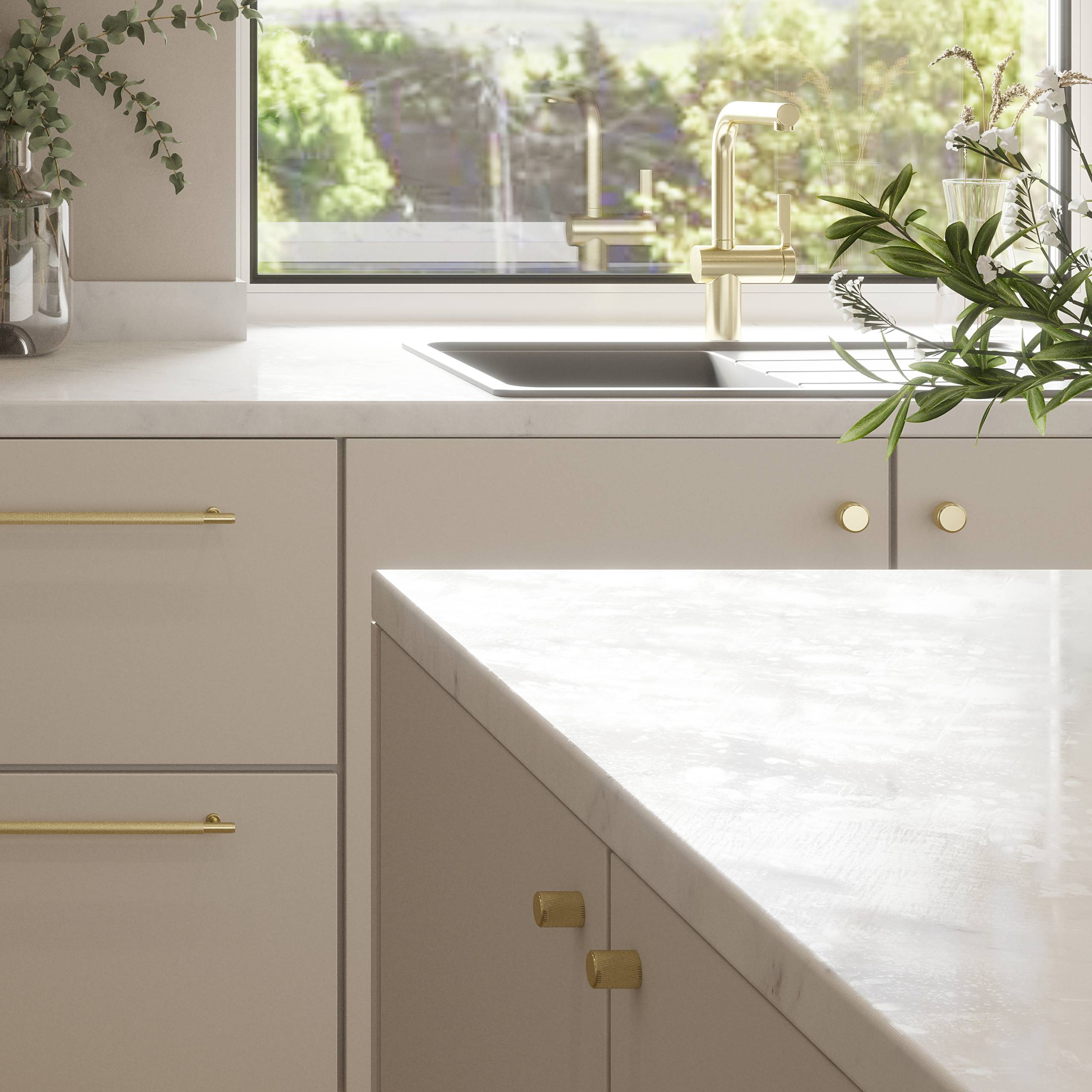 Millhouse Brass Cabinet Hardware Eiffel Satin Brass Roomset