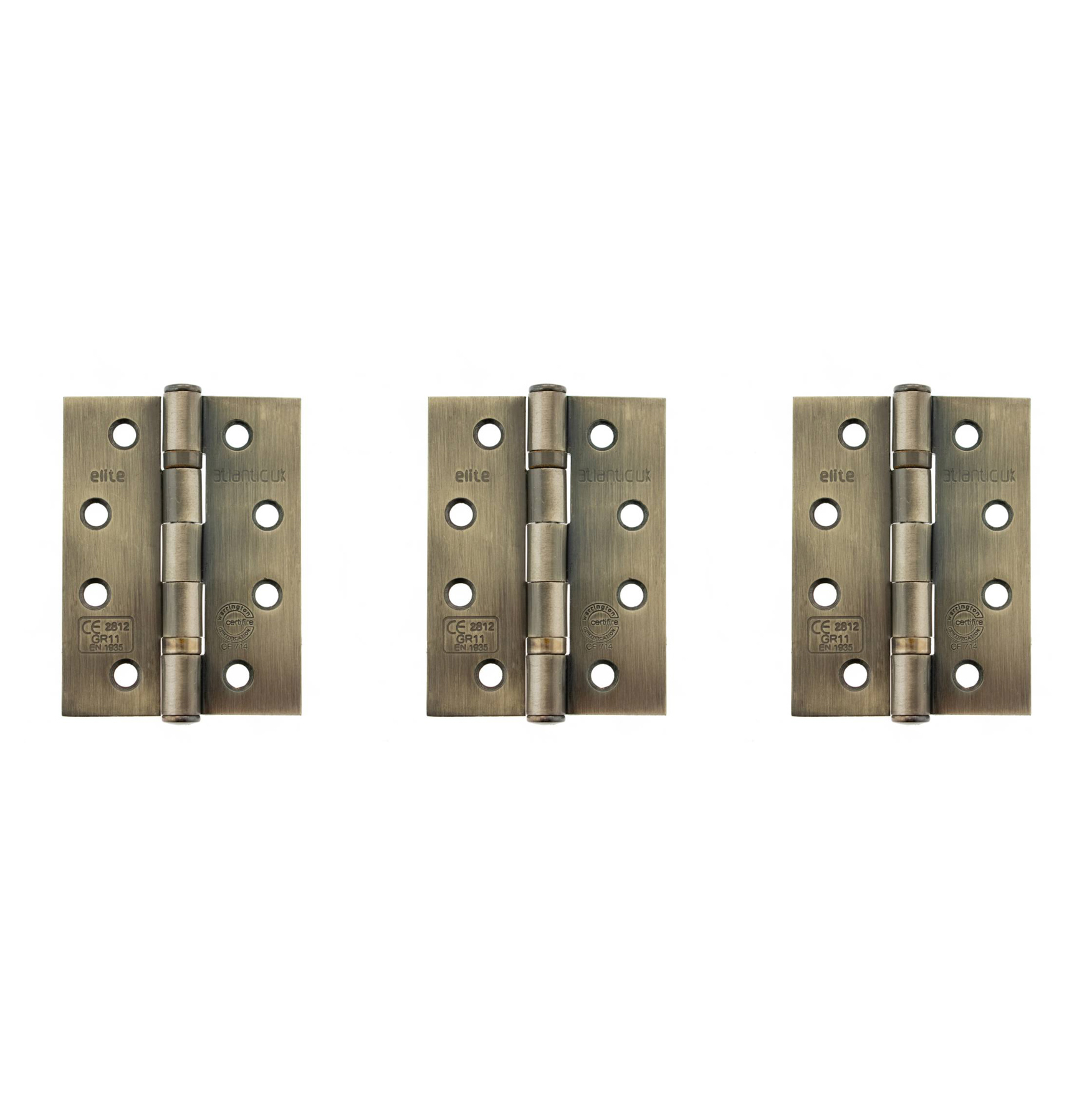 AHG111433AB(3) Atlantic Ball Bearing Hinges Grade 11 Fire Rated 4" x 3" x 2.5mm set of 3 - Antique Brass