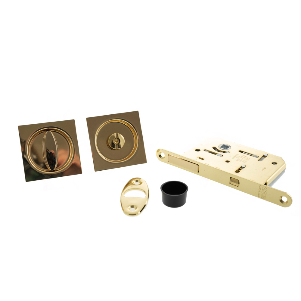 B046515003 AGB Sliding Door Bathroom Lock Set with Square Flush Handle - Polished Brass