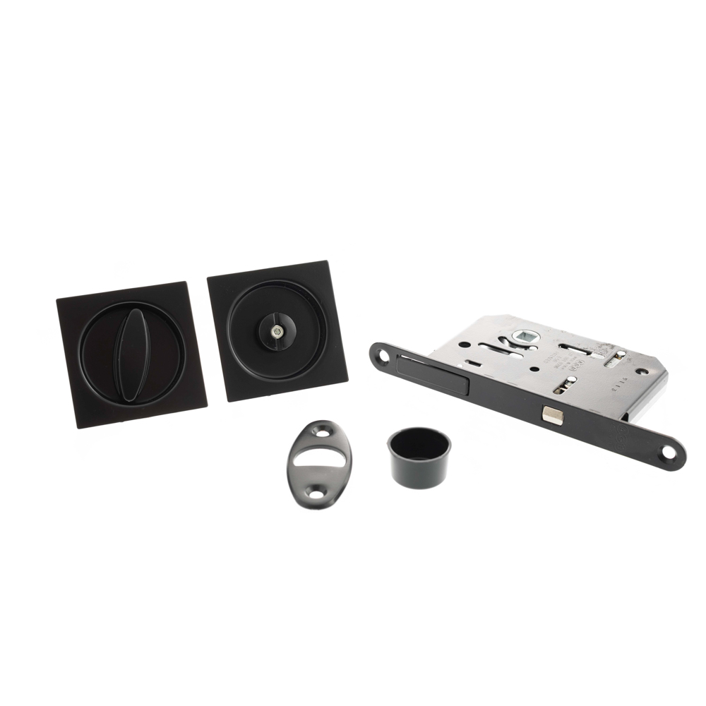 B046515093 AGB Sliding Door Bathroom Lock Set with Square Flush Handle - Matt Black