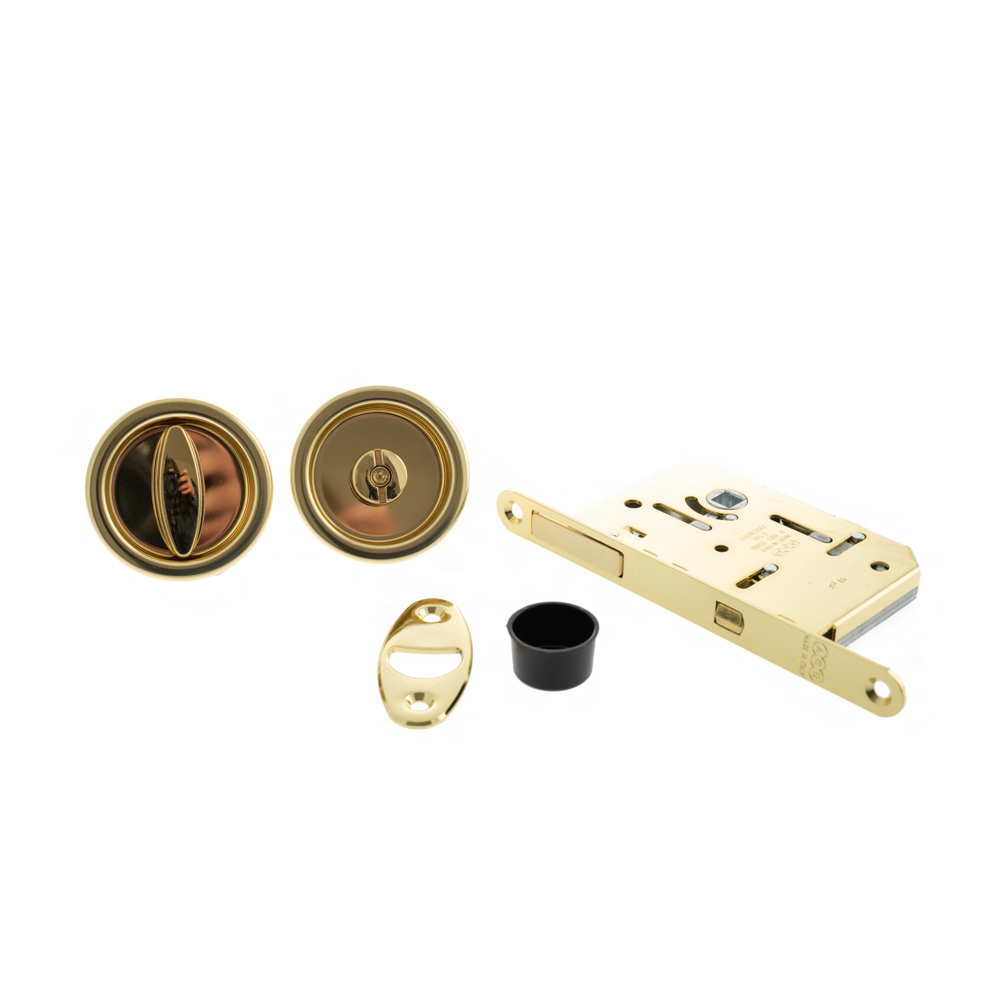 B046815003 AGB Sliding Door Bathroom Lock Set with Round Flush Handle - Polished Brass