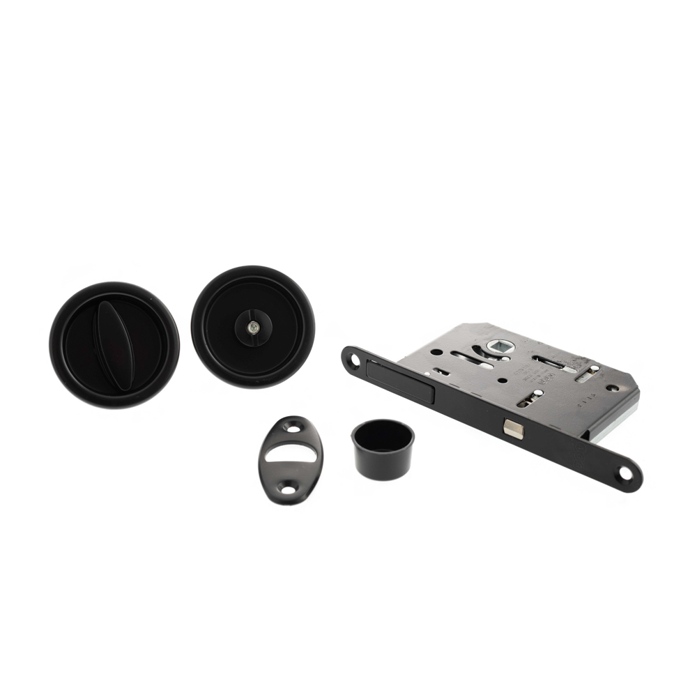B046815093 AGB Sliding Door Bathroom Lock Set with Round Flush Handle - Matt Black